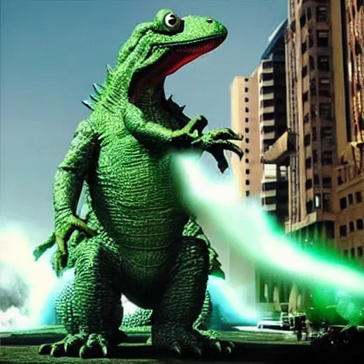 Prompt: “stills of Godzilla fighting a giant Kermit the Frog”