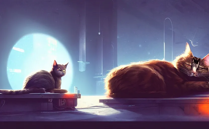 Prompt: a cat sleeping on a mechanics workbench in a spaceport, space opera and dystopian style, d & d, fantasy concept art, global illumination, interesting composition, volumetric lighting, art by enki bilial, highly detailed