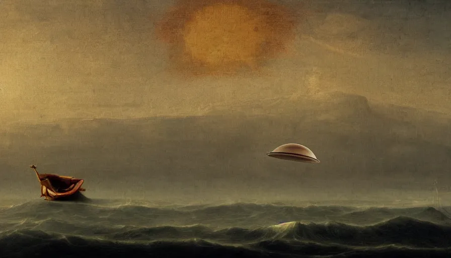 Prompt: an ufo on top of the weeknd floating by da vinci, digital art, classical painting, sharp focus, sunset beach, 4 k, restored