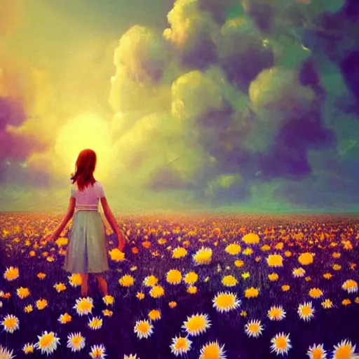 Image similar to head made of giant daisies, girl standing barefoot in a vast flower field, arms down, surreal photography, sunrise dramatic light, impressionist painting, colorful clouds, large sky, digital painting, artstation, simon stalenhag, flower face
