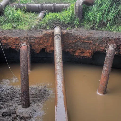 Prompt: underground mine, flooded, dirty water, rusty pipes