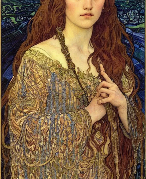 Image similar to detailed realistic beautiful young medieval queen face portrait by jean delville, alphonse mucha, vincent van gogh, and marco mazzoni, art nouveau, symbolist, visionary, gothic, pre - raphaelite