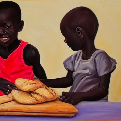 Image similar to oil painting of a malnourished ugandan boy sharing bread with a blond well fed child american, by julia pott