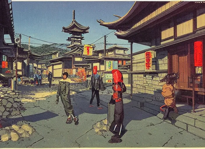 Image similar to vincent di fate's 1 9 8 0 depiction of a kyoto village near a japanese mansion. cyberpunk style.