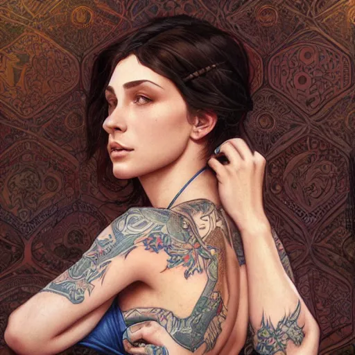 Image similar to ultra realistic illustration, a hot brunette tattooed slavic woman in her late 2 0's, intricate, elegant, highly detailed, digital painting, artstation, concept art, smooth, sharp focus, illustration, art by artgerm and greg rutkowski and alphonse mucha