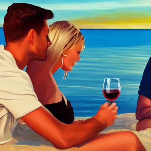 Image similar to one young man and one young woman drinking wine on a beach at sunset, beautiful colors, amazing landscape, painting, stunning details