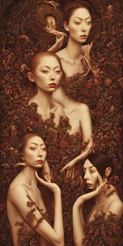 Prompt: the three fates, gemma chen, madison beer, angela sarafyan, pinup, intricate beautiful faces, surrealistic painting by agostino arrivabene, vanessa beecroft, anka zhuravleva, mary jane ansell, peter mohbacher, gerald brom