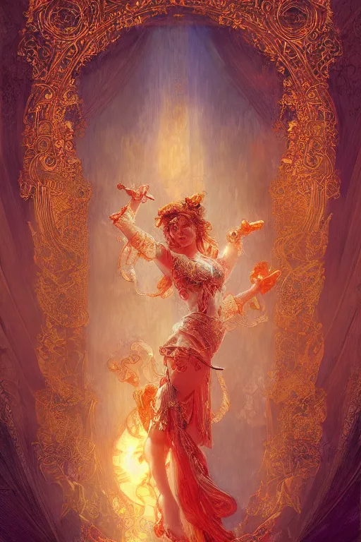 Image similar to tarot card artstation, portrait of a gorgeous love dancer, sunrise, baroque ornament and rococo ornament, ancient chinese ornate, hyperdetailed, beautiful lighting, craig mullins, mucha, klimt, yoshitaka amano, red and gold and orange color palette