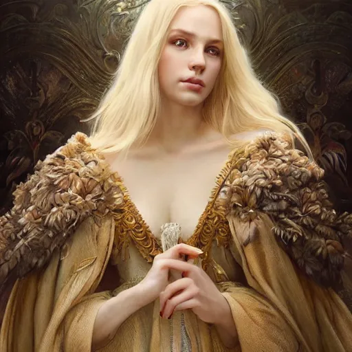 Prompt: portrait painting of a beautiful blonde lady with a kind face wearing a feathered cloak and noble garments, ultra realistic, concept art, intricate details, eerie, highly detailed, photorealistic, octane render, 8 k, unreal engine. art by artgerm and greg rutkowski and charlie bowater and magali villeneuve and alphonse mucha