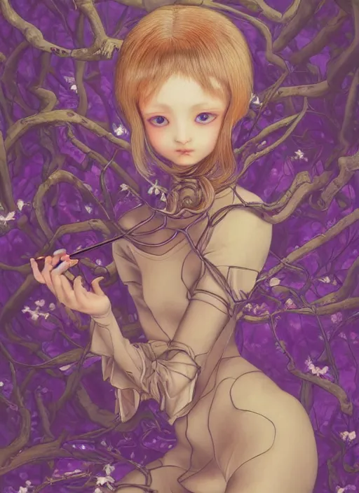 Image similar to elf girl, cat suit, soft hair. light color palate, purple, yellow and white. detailed soft painting, ayami kojima, made in abyss, anatomically correct, ilya kuvshinov, inspired in balthus, high detailed face anime, vogue magazine, glorious composition, mobile wallpaper