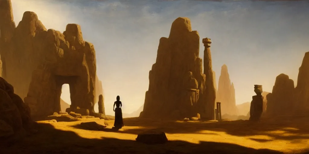 Image similar to a young girl stands next to a stone giant, shadow of the colossus, in front of a temple, in a large desert cave, dramatic lighting, hudson river school