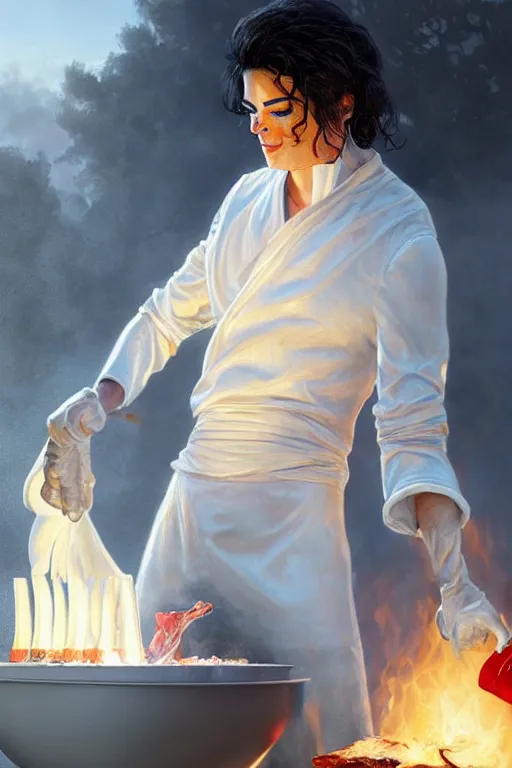 Prompt: white michael jackson cooking a bbq as a heavenly angel, anatomy, bathed in light, highly detailed, photorealistic, artstation, smooth, sharp focus, illustration, unreal engine 5, 8 k, art by artgerm and greg rutkowski and edgar maxence