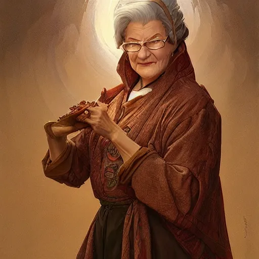 Image similar to mrs doubtfire as a cleric, d & d, fantasy, intricate, elegant, highly detailed, digital painting, artstation, concept art, matte, sharp focus, illustration, art by greg rutkowski and alphonse mucha