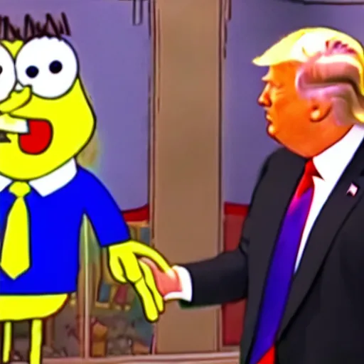 Prompt: cctv footage of spongebob meeting donald trump,