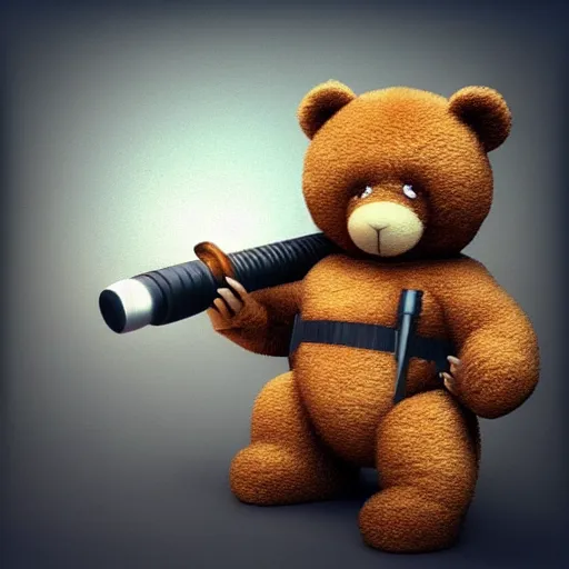 Image similar to A teddy bear holding a rocket launcher. Trending on Artstation. Highly detailed