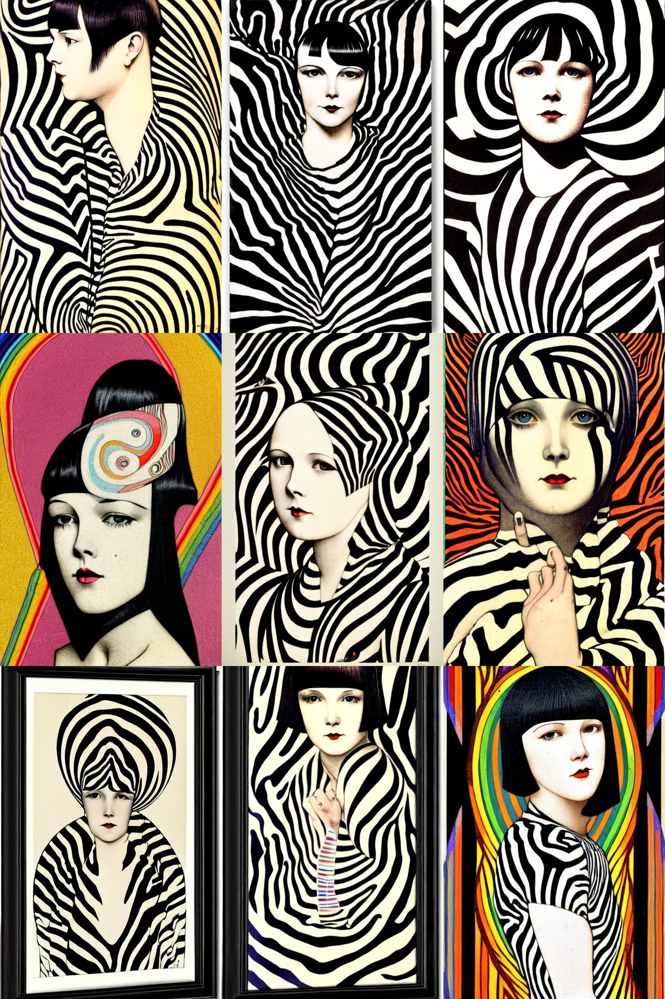 Prompt: portrait of 2 2 yeard old mary louise brooks, zebra op art, mcbess, mucha, rainbow