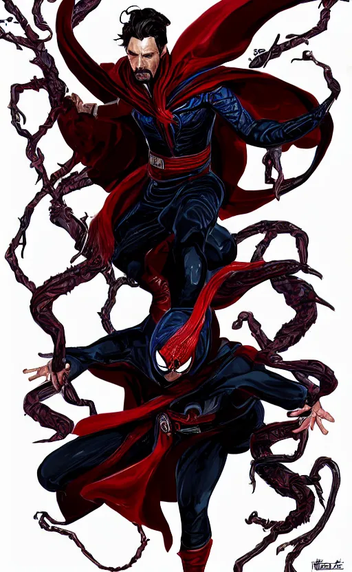 Image similar to venom as doctor strange, black and red suit, dynamic lighting, photorealistic fantasy concept art, trending on art station, stunning visuals, terrifying, creative, cinematic