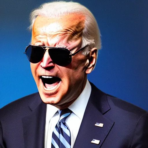 Prompt: Joe Biden screaming with sunglasses on
