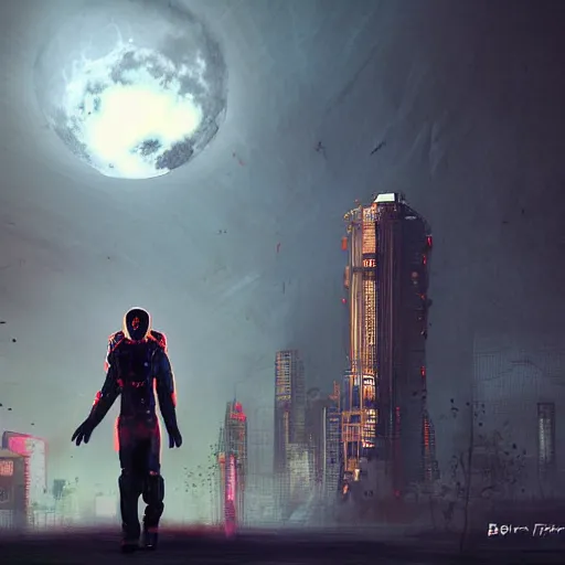 Image similar to surreal, nuclear blast and a full red moon eclipse, cyberpunk, art by bryen frost