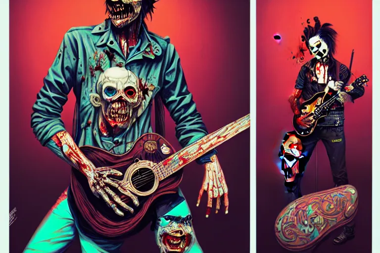 Prompt: zombie punk rocker playing acoustic guitar, tristan eaton, victo ngai, artgerm, rhads, ross draws, intricated details, 3 / 4 view, full body portrait