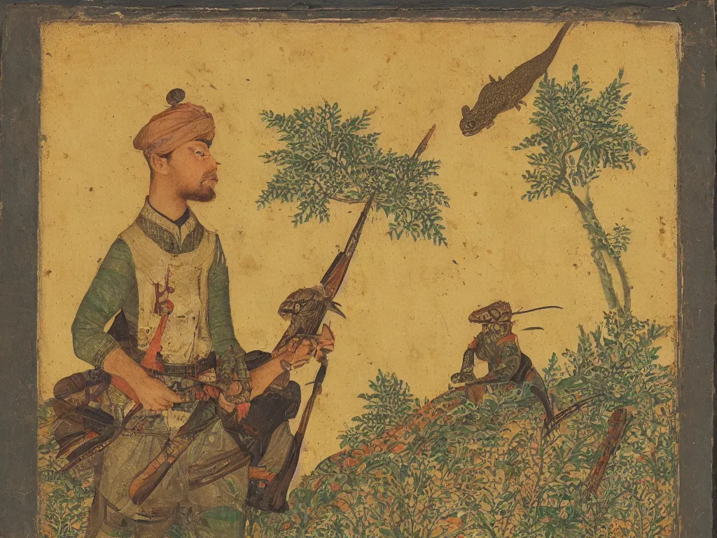 Prompt: Portrait of a young soldier with lizard. Mughal miniature. Sunset, river.