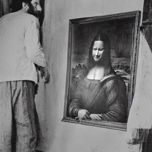 Image similar to old vintage photo from behind of leonardo da vinci painting his unfinished painting of monalisa