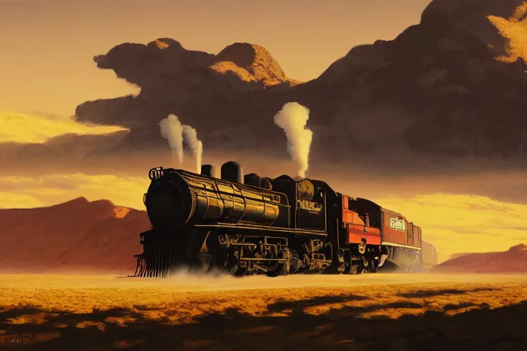 Image similar to idyllic old western freight train illustration by syd mead, artstation, 4 k, graphic novel, concept art, matte painting, steam engine spewing billowy white clouds of steam, beautiful mountain desert sunset background, golden hour