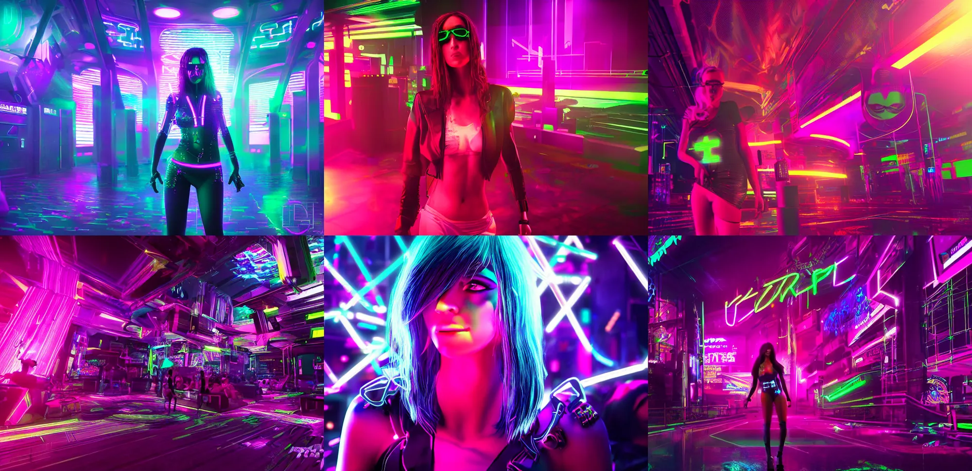 Prompt: Cyberpunk rave girl in a busy neon nightclub, highly detailed digital art, 8k Octane