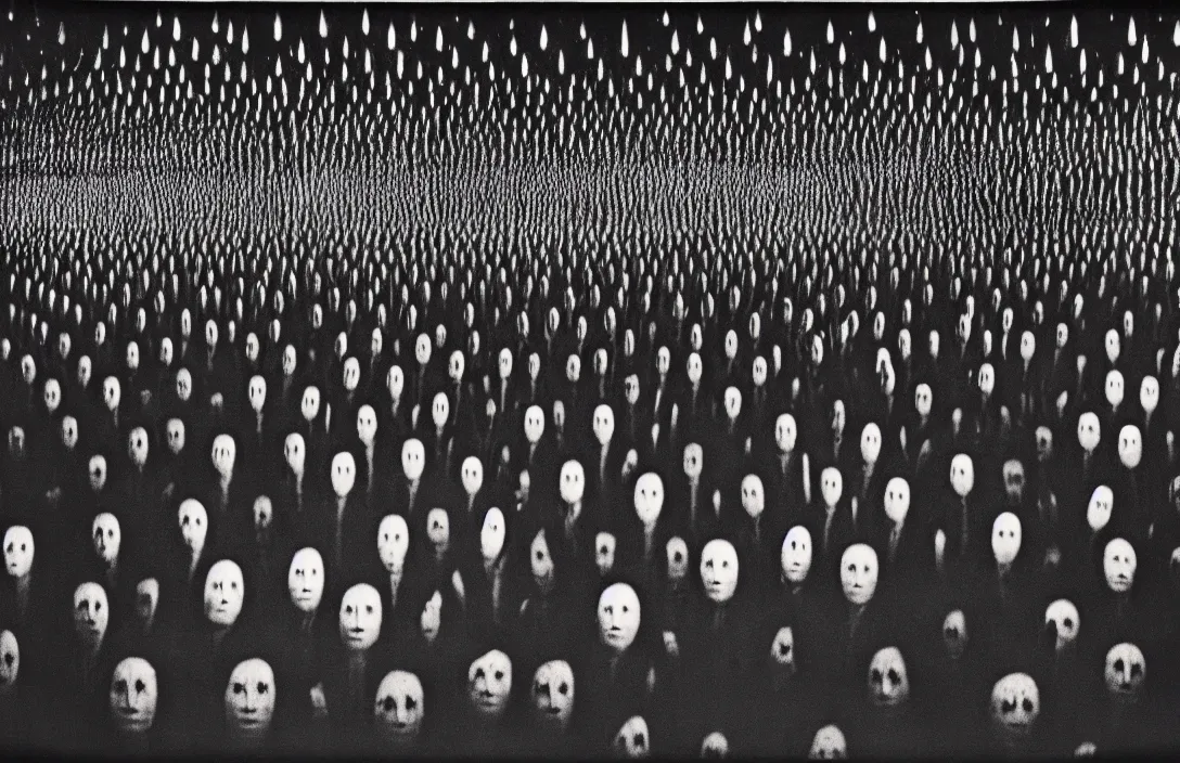 Image similar to concentration camps intact flawless ambrotype from 4 k criterion collection remastered cinematography gory horror film, ominous lighting, evil theme wow photo realistic postprocessing value contrast is used to focus our attention on the subject tragedy yayoi kusama installation