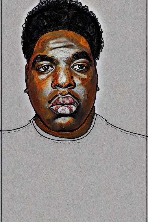 Image similar to a portrait of biggie small in style of egon schiele, masterpiece, hyperdetailed, complex, intricate, 4 k, trending on artstation