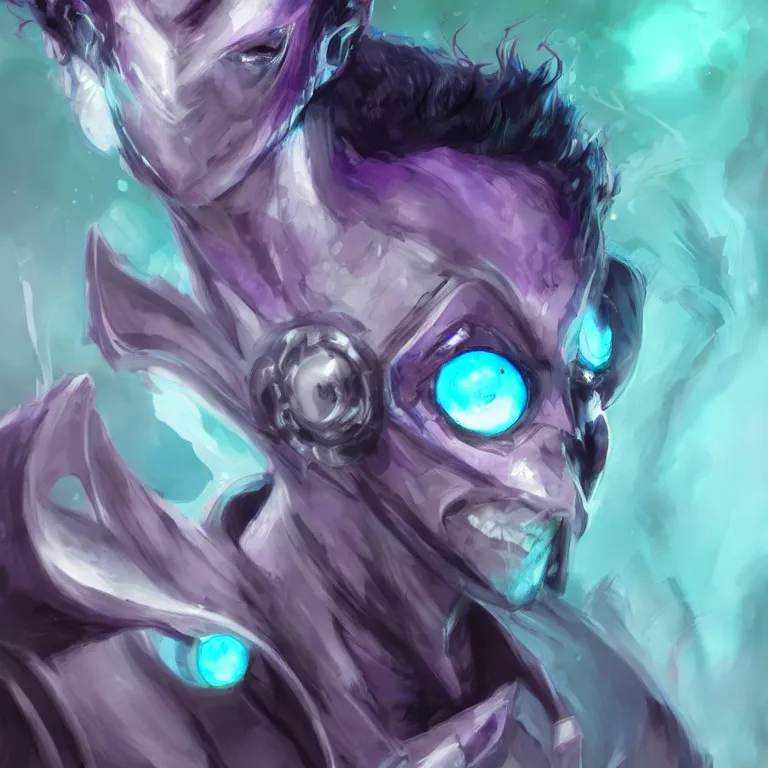 Image similar to Handsome purple and Teal skinned Tiefling, striking azure eyes, black hair, Yoshitaka Amano, digital art