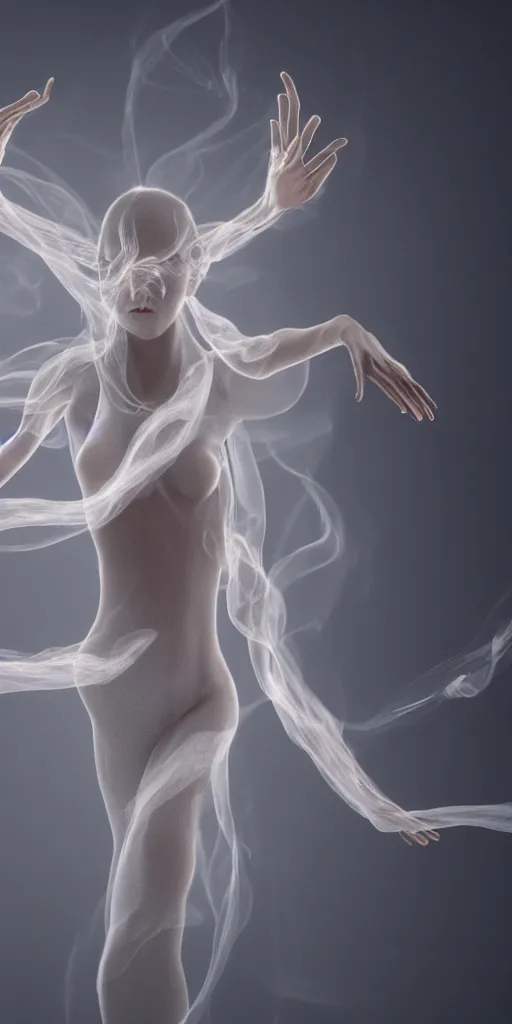 Prompt: a beautiful radiant goddess of light with many arms obscured by wisps of smoke and dust particles, numerous arms and hands, fluid simulation, particle simulation, ephemeral, highly detailed, hyperrealism, octane render