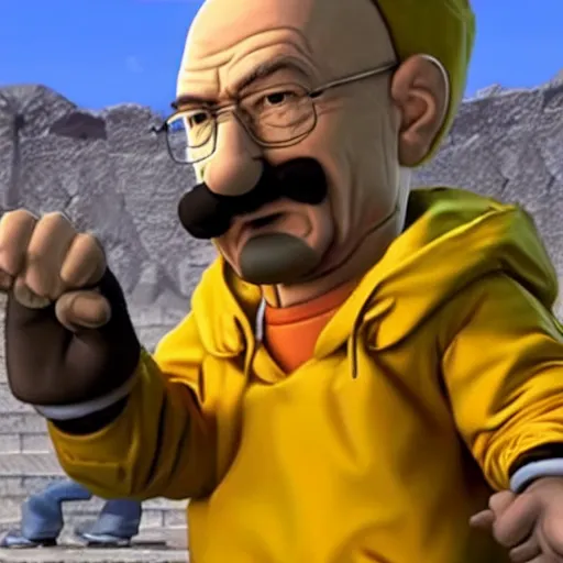 Prompt: a photorealistic detailed photo of walter white from the breaking bad series holding his hands up and pleading not to be shit, while being held at gunpoint by super mario with a beretta, in front of the Super Smash Bros stage temple during the day