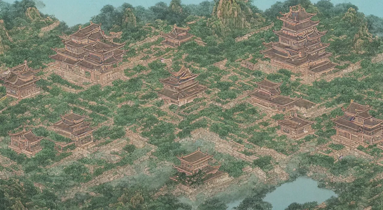 Prompt: a beautiful painting of a singular ancient Chinese palace, with a garden, in the style of anime, by Studio Ghibli
