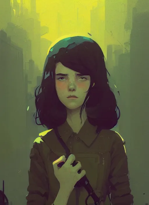 Image similar to highly detailed portrait of a moody dystopian young adult lady by atey ghailan, by greg rutkowski, by greg, tocchini, by james gilleard, by joe fenton, by kaethe butcher, gradient yellow, black, brown and cyan color scheme, grunge aesthetic!!! ( ( graffiti tag city background ) )
