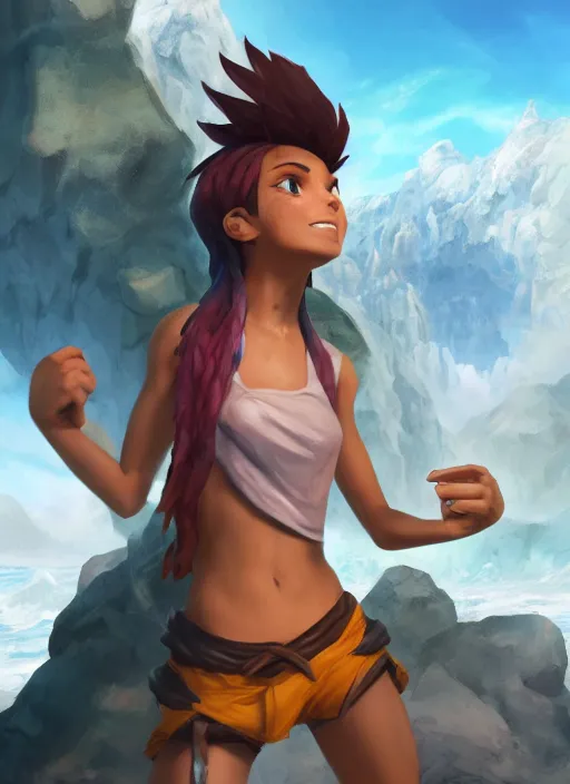 Prompt: youthful taliyah, from league of legends, au naturel, surfing a rock, with abs, hyper detailed, mountain background, digital art, trending in artstation, cinematic lighting, studio quality, smooth render, unreal engine 5 rendered, octane rendered, art style by klimt and nixeu and ian sprigger and wlop and krenz cushart