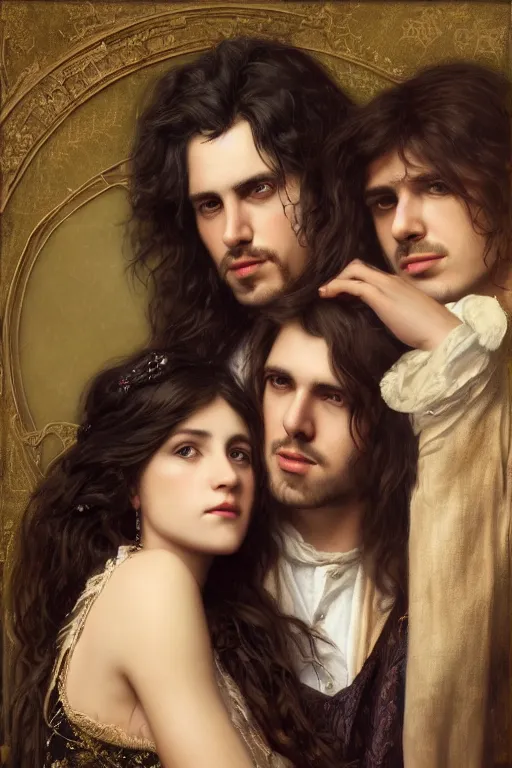 Image similar to a portrait of handsome young male rock star with long hair and his elegant beautiful bohemian wife, bored, illustration, dramatic lighting, soft details, painting oil on canvas, art nouveau, octane render, HDR, 4k, 8k, HD, by Edmund Blair Leighton, Brom, Charlie Bowater, trending on artstation, faces by Tom Bagshaw, Sargent