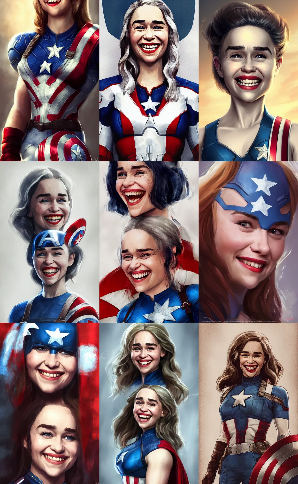 Prompt: a beautiful rendering of Emilia Clarke smiling as captain America by nick Silva, trending on artstation, instagram