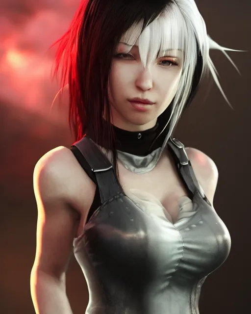 Image similar to tifa lockhart with white hair, beautiful face, garden, utopian city, solarpunk, perfect, attractive, illuminated, ultra realistic, atmosphere, cinematic, artstation, highly detailed