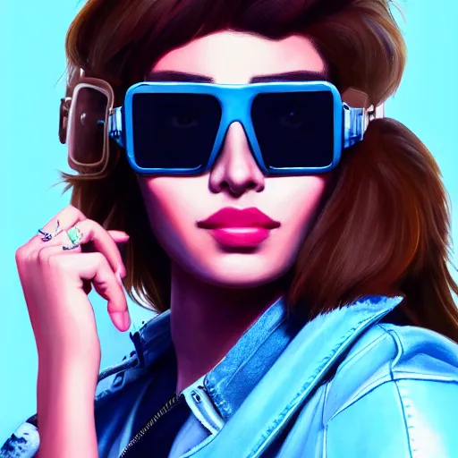 Image similar to closeup painting of a very beautiful young mexican cyberpunk woman with a smirk, wearing light blue shutter shades and a dark brown leather jacket, one side haircut, long brown hair with light blue ends, portrait, hyperdetailed, artstation, cgsociety, 8 k, synthwave by tangerine dream