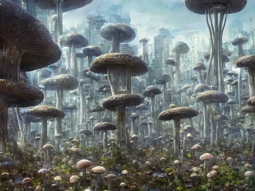 Prompt: a group of mushroom like structures in seattle city, a detailed matte painting by stephan martiniere, featured on cgsociety, afrofuturism, apocalypse landscape, matte painting, apocalypse art