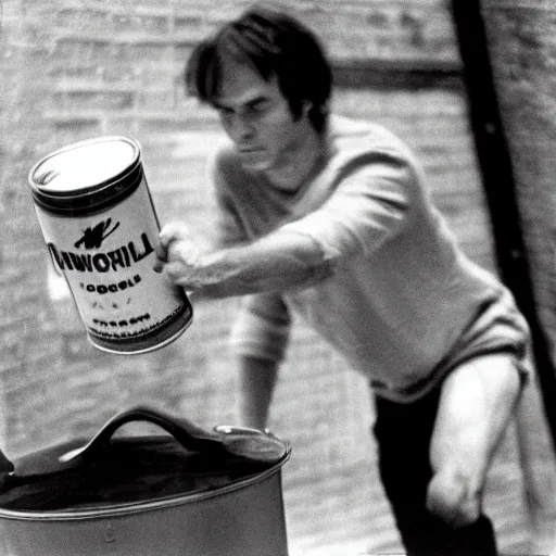 Image similar to Andy Warhol climbing out of a soup can