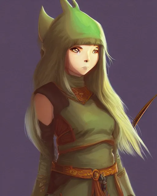 Prompt: DnD character art of rhiannon by hayao miyazaki, digital illustration, green and gold and brown palette, cinematic lighting