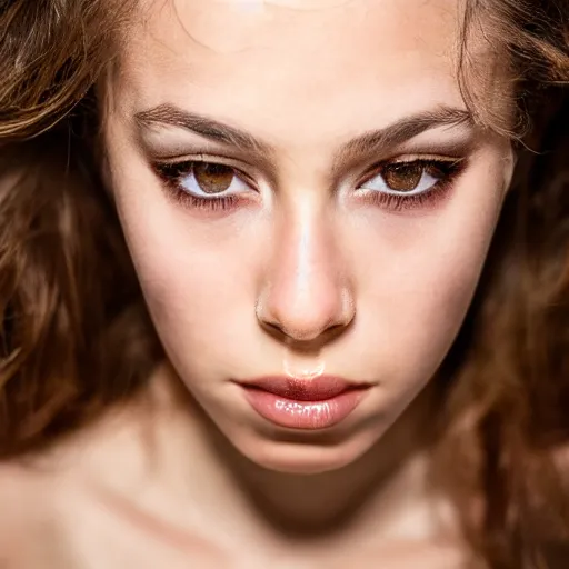 Prompt: photographic Close-up face of a extremely beautiful girl with clear eyes and light brown hair , illuminated by a dramatic light, Low key lighting, light dark, High constrast, dramatic , flash studio, norman rockwell, craig mulins ,dark background, high quality,photo-realistic, 8K,-H 704