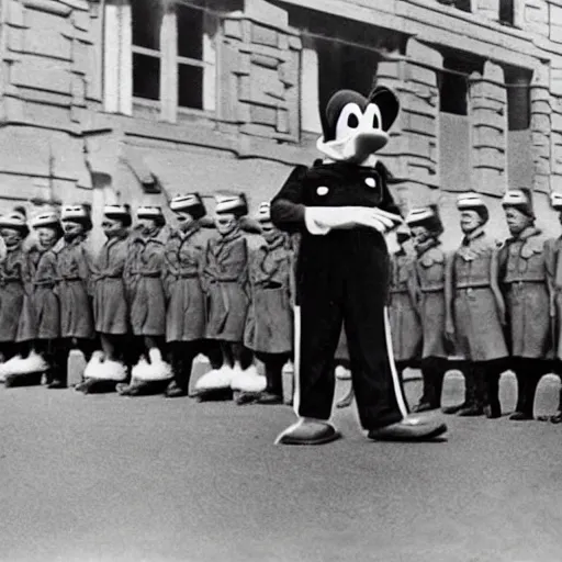 Image similar to historic colorized photograph of donald duck at a nazi parade in 1 9 3 6