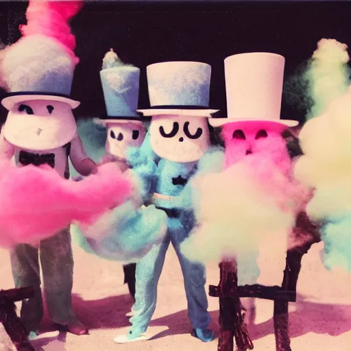 Image similar to polaroid of figures made from cotton candy, smoke and sticks, wearing top hats and huge masks