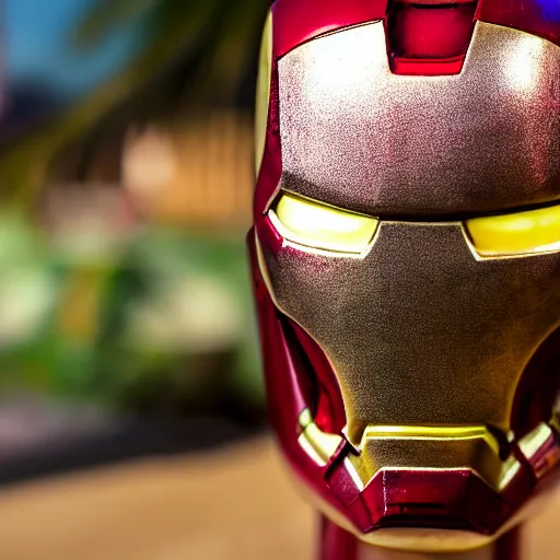 Image similar to a closeup photorealistic photograph of an iron man style tiki mug at a trader vic's beach bar featuring the face of iron man. tiki party. bright scene. fine detail. this 4 k hd image is trending on artstation, featured on behance, well - rendered, extra crisp, features intricate detail, epic composition and the style of unreal engine.