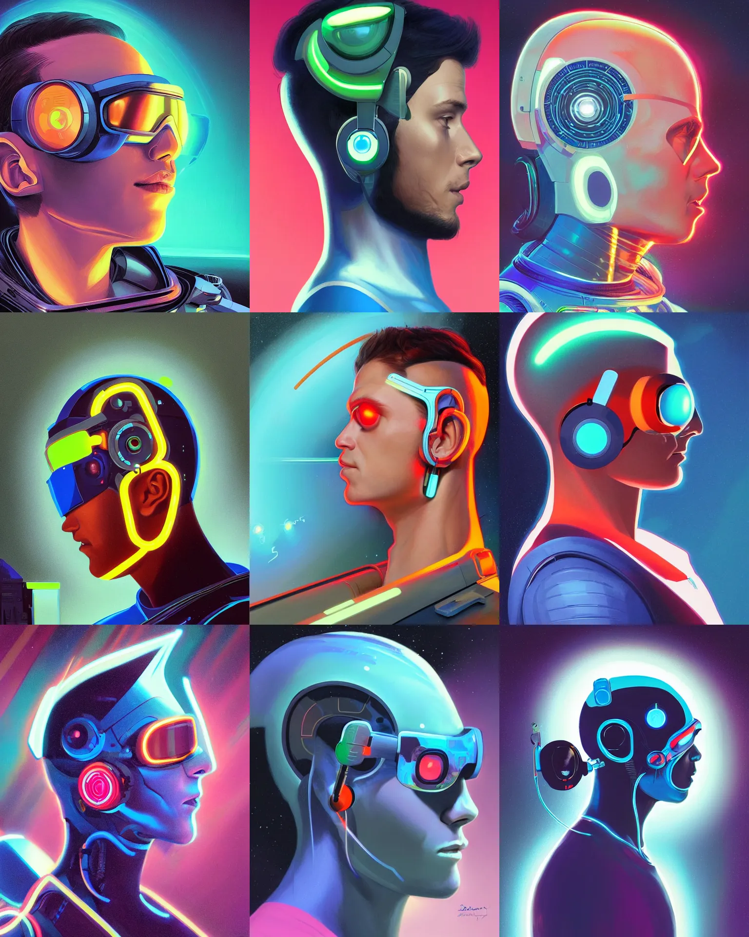 Prompt: side view future coder man, sleek cyclops display over eyes and sleek bright headphoneset, neon accent lights, holographic colors, desaturated headshot portrait digital painting by dean cornwall, rhads, john berkey, tom whalen, alex grey, alphonse mucha, donoto giancola, astronaut cyberpunk electric widow's peak profile