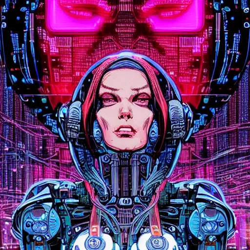 Image similar to a portrait of a beautiful cybernetic woman connected to a synthesizer from hell, wires, cyberpunk concept art by josan gonzales and philippe druillet and dan mumford and enki bilal and jean claude meziere