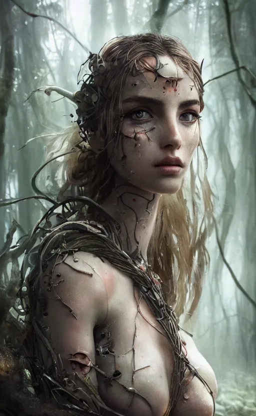 Prompt: a cyborg forest nymph in an ancient forest, ana de armas, flawless symmetrical pretty cute face, greg rutkowski, 8 k, shallow depth of field, intricate detail, concept art,